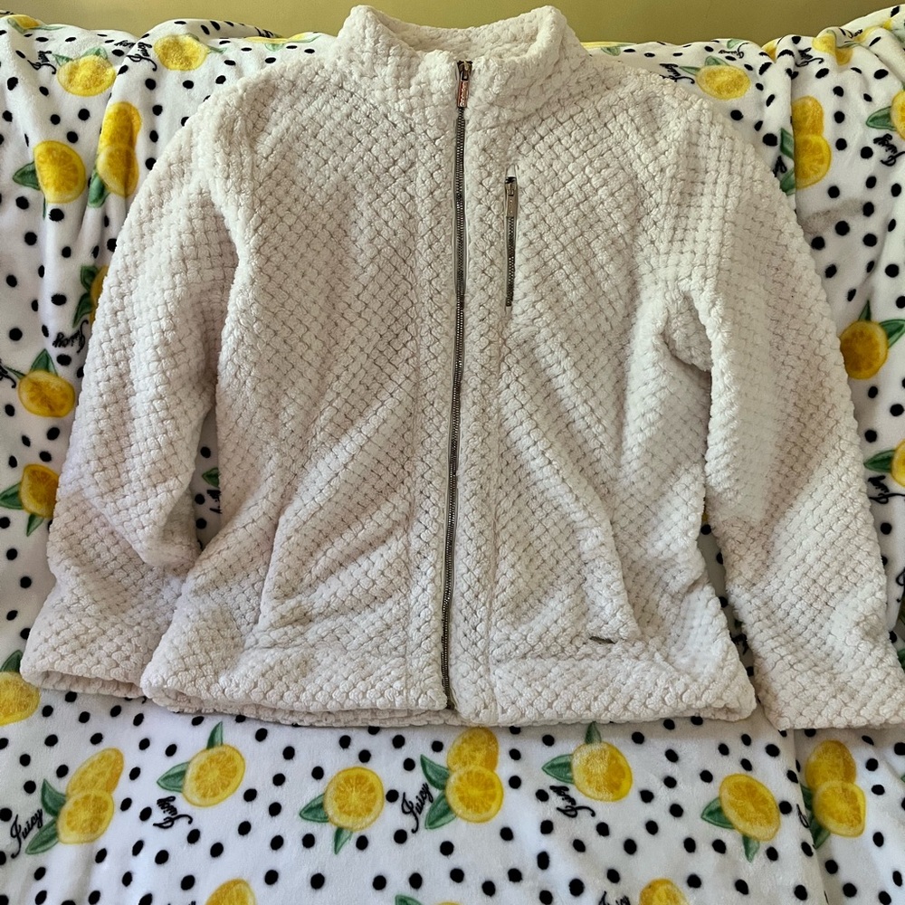 Women’s Calvin Klein Fleece Zip Up Ivory/Cream. Gold Zippers Large.